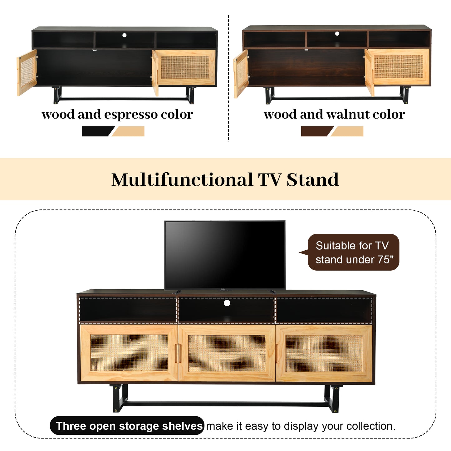 TREXM Retro Rattan TV Stand 3-door Media Console with Open Shelves for TV Stand under 75''(Walnut)