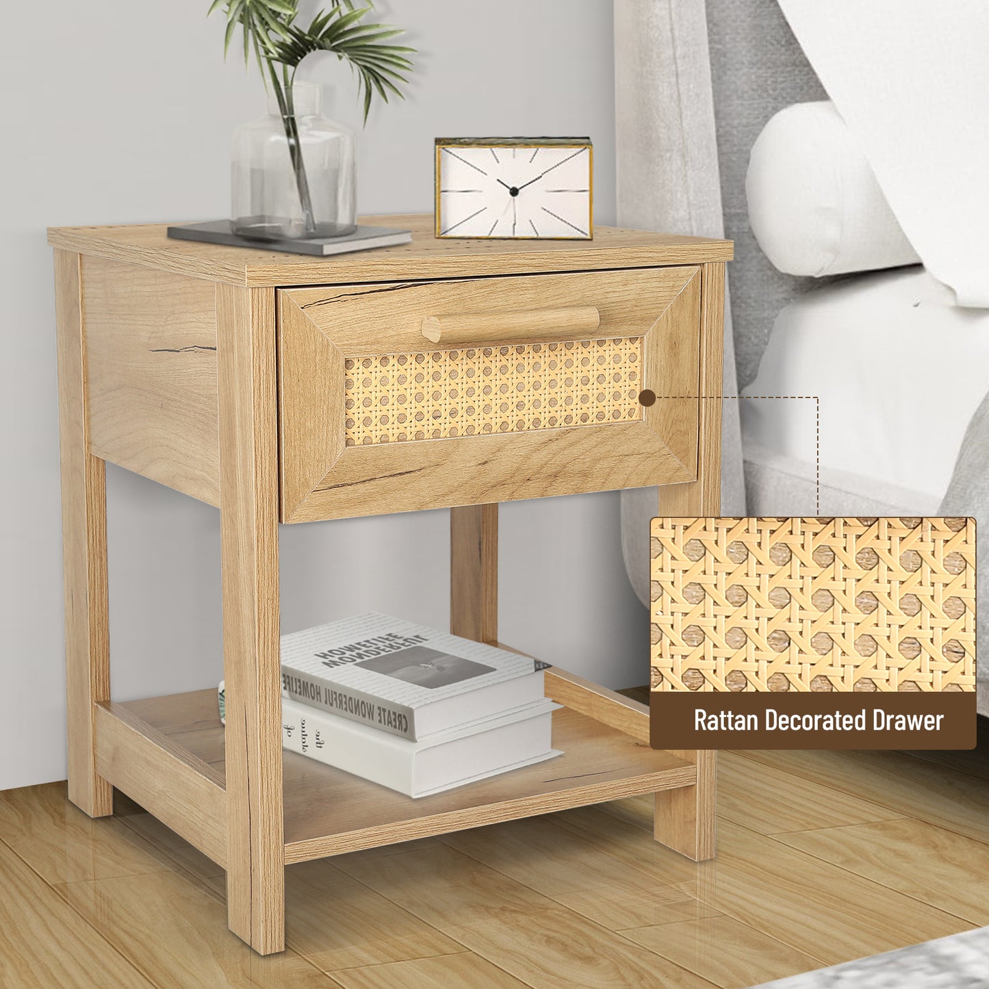 Nightstand Set of 2, 2 Drawer Dresser for Bedroom, Small Dresser with 2 Drawers and two open storage shelf  Natural Color