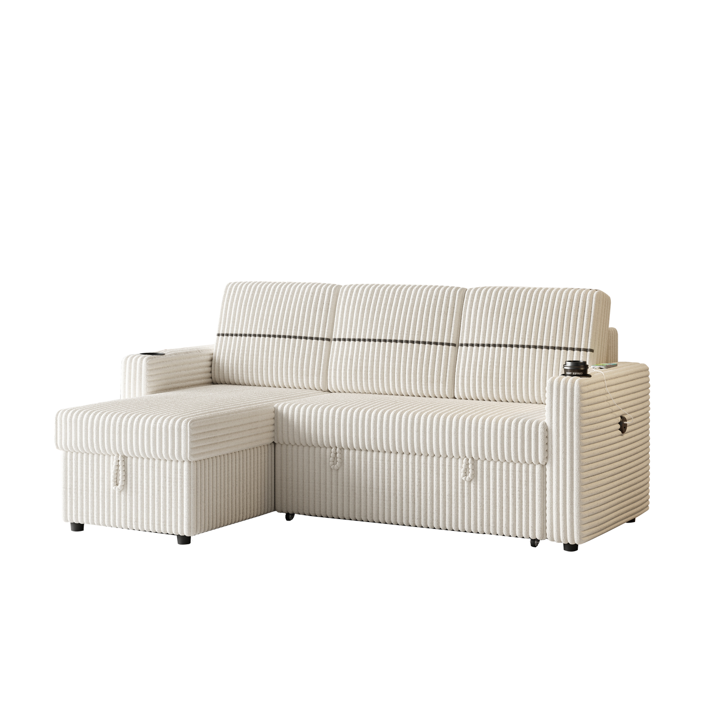 85 Inches Corduroy Sofa Bed With Two Cup-holder And USB Charge Port