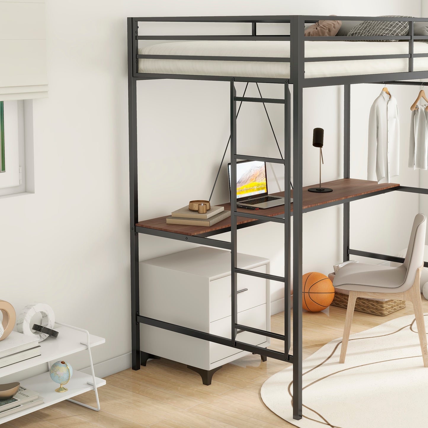 Twin Loft Bunk Black with Cinnamon Wood Desk and Closet Rod