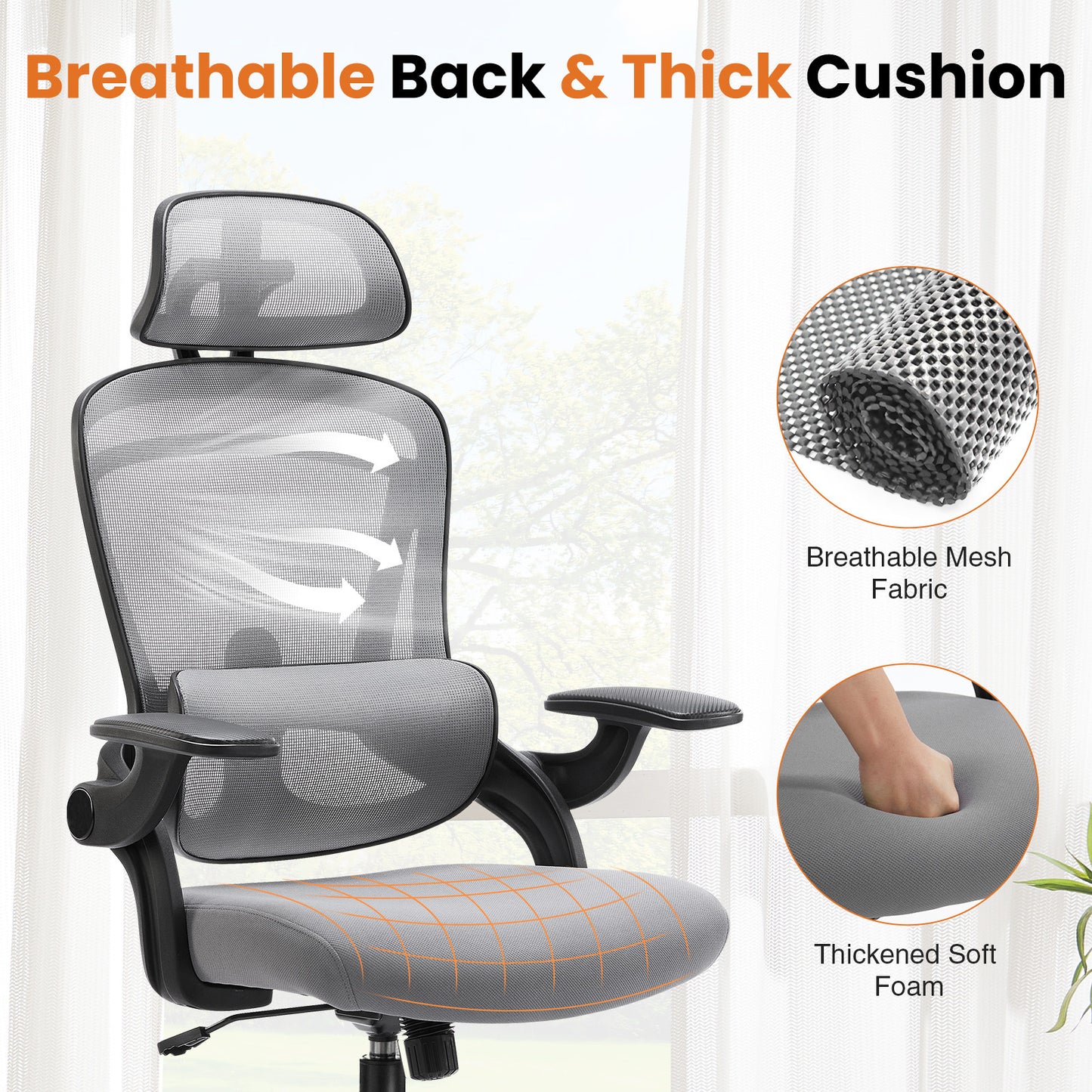 High Back Desk Chair with Adjustable Lumbar Support & Headrest, Adjustable Height and 120°Tilt,gray