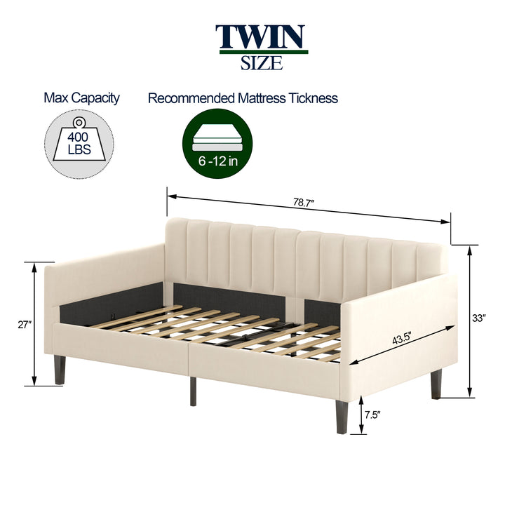 Twin Size Beige Velvet Upholstered Daybed, Ribbed Tufted Backrest