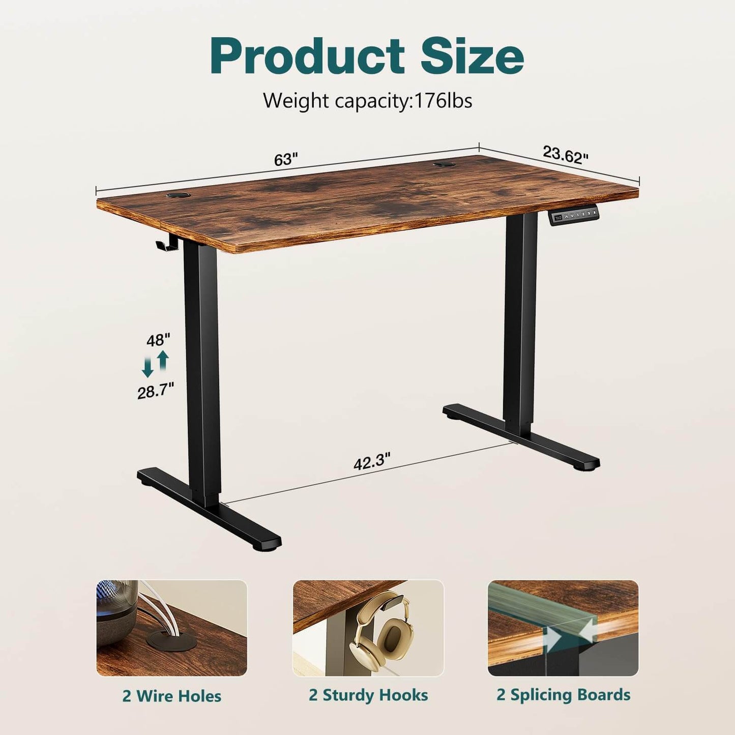 Electric Height Adjustable Standing Desk,63'' x 24"