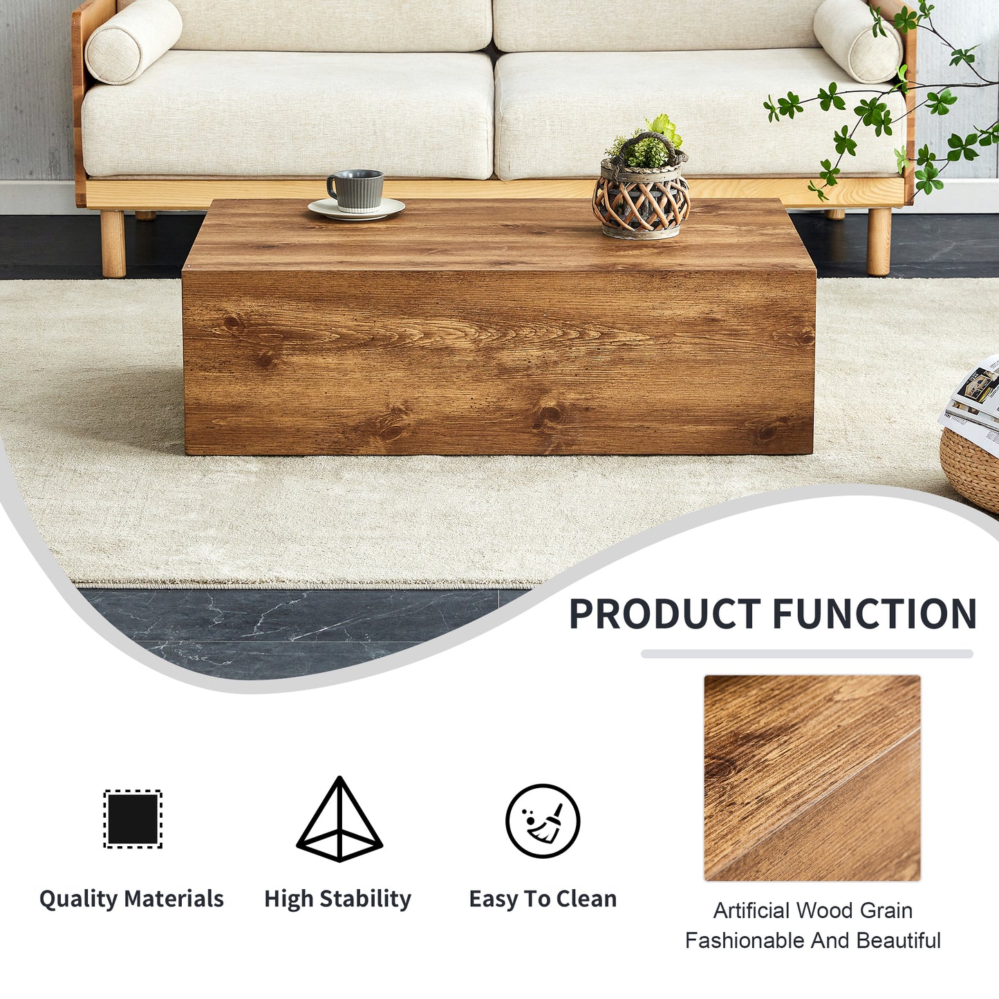 Modern MDF coffee table with wood texture pattern -39.37x23.62x11.81 inches