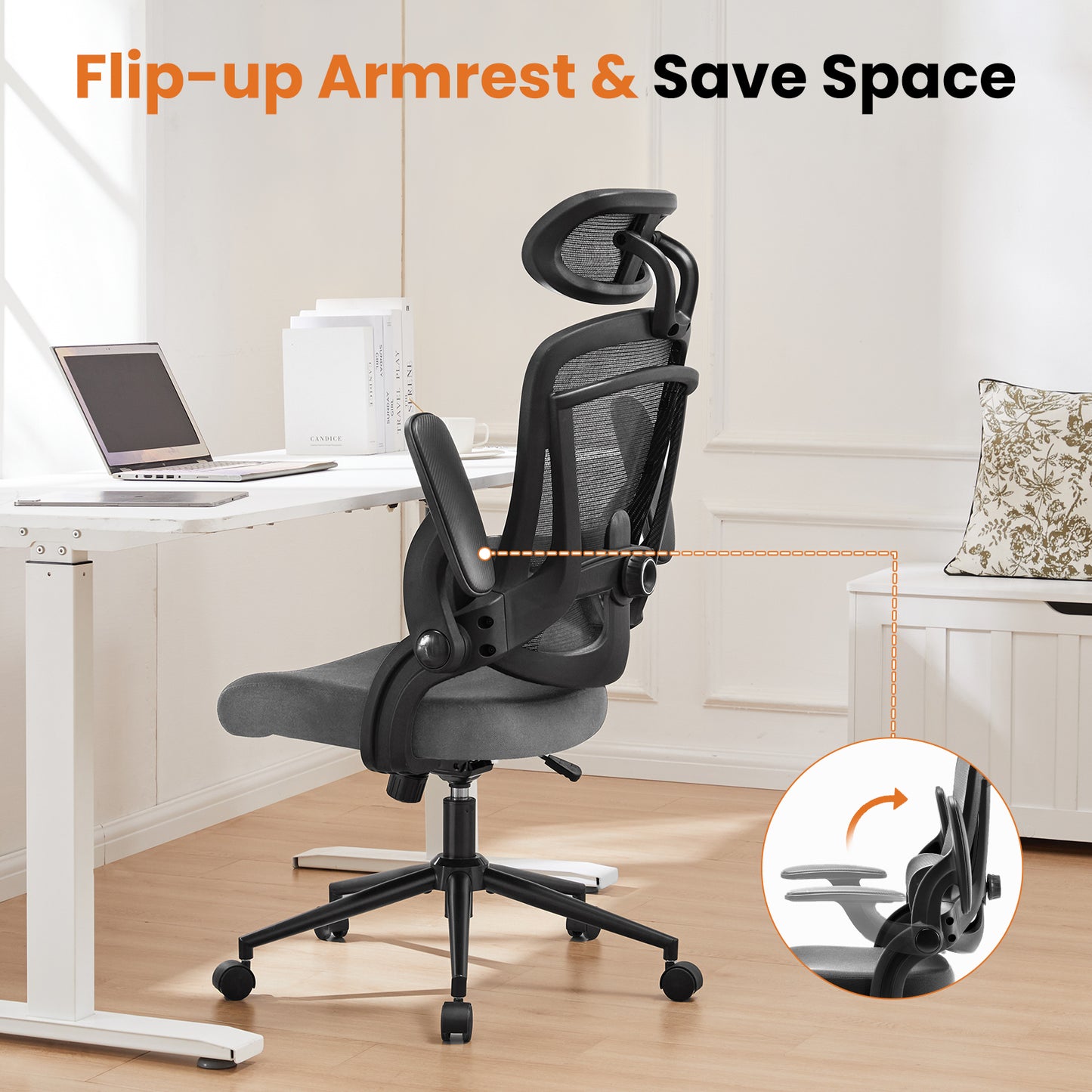 High Back Desk Chair with Adjustable Lumbar Support & Headrest, Adjustable Height and 120°Tilt,gray