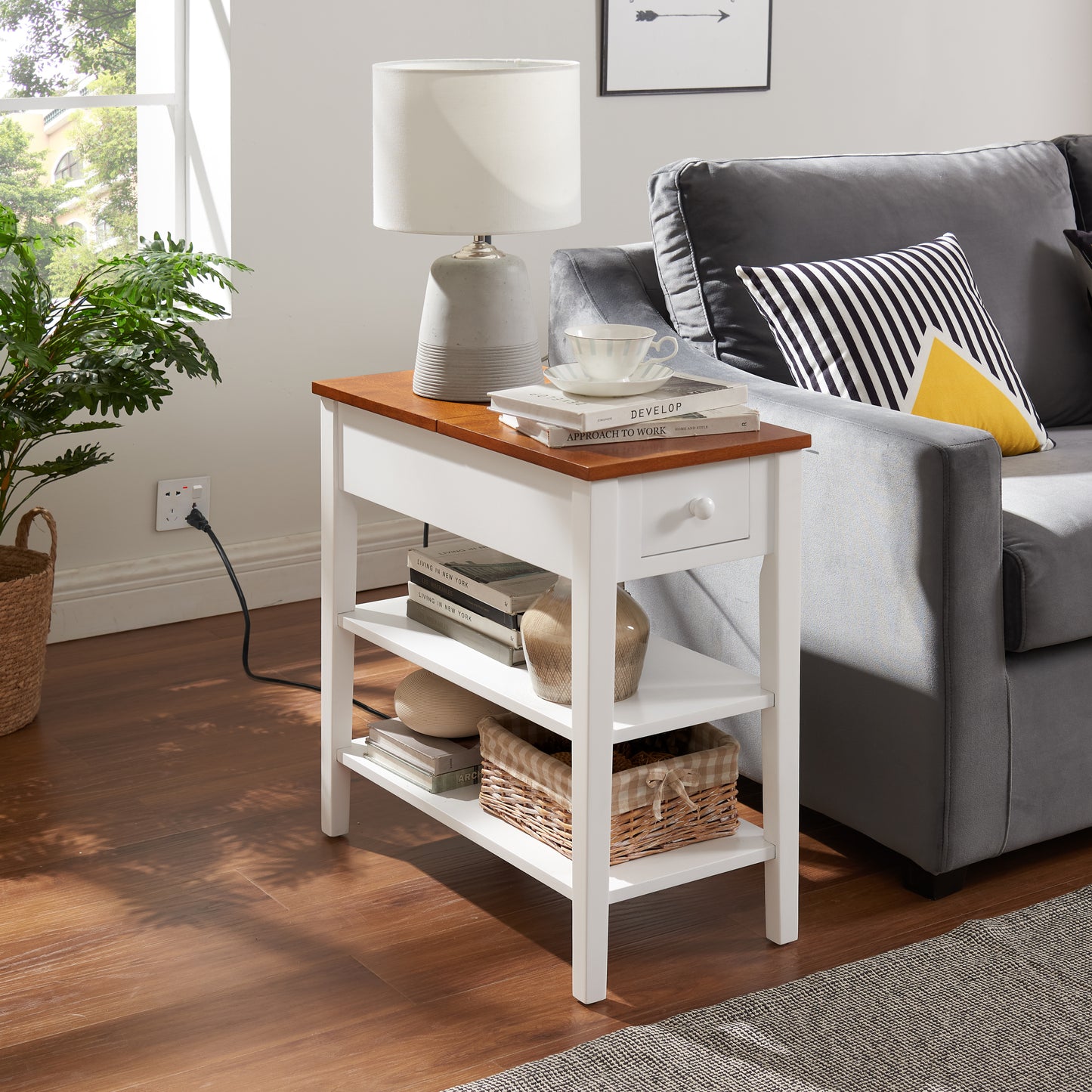 Narrow 2-tone End Table with USB Charging Ports for Small Space