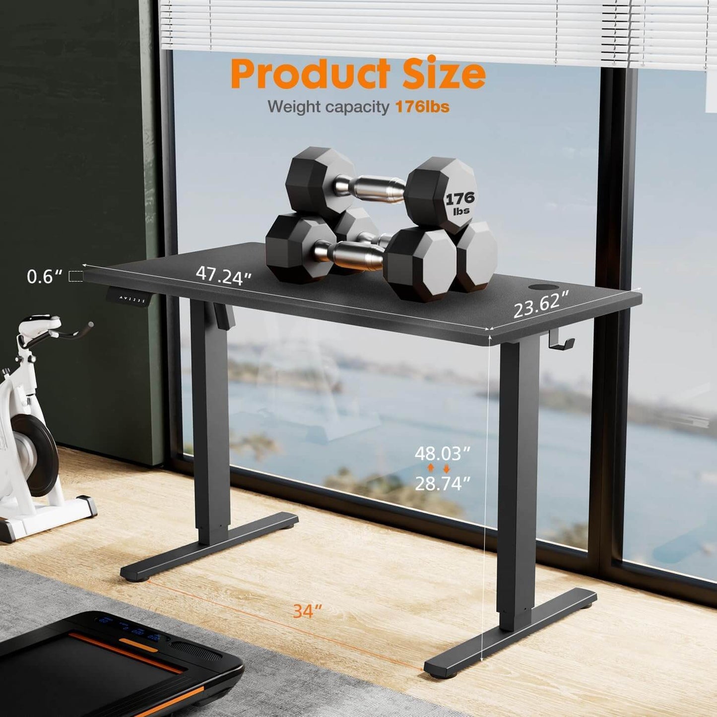 Electric Height Adjustable Standing Desk,Black,48'' x 24"