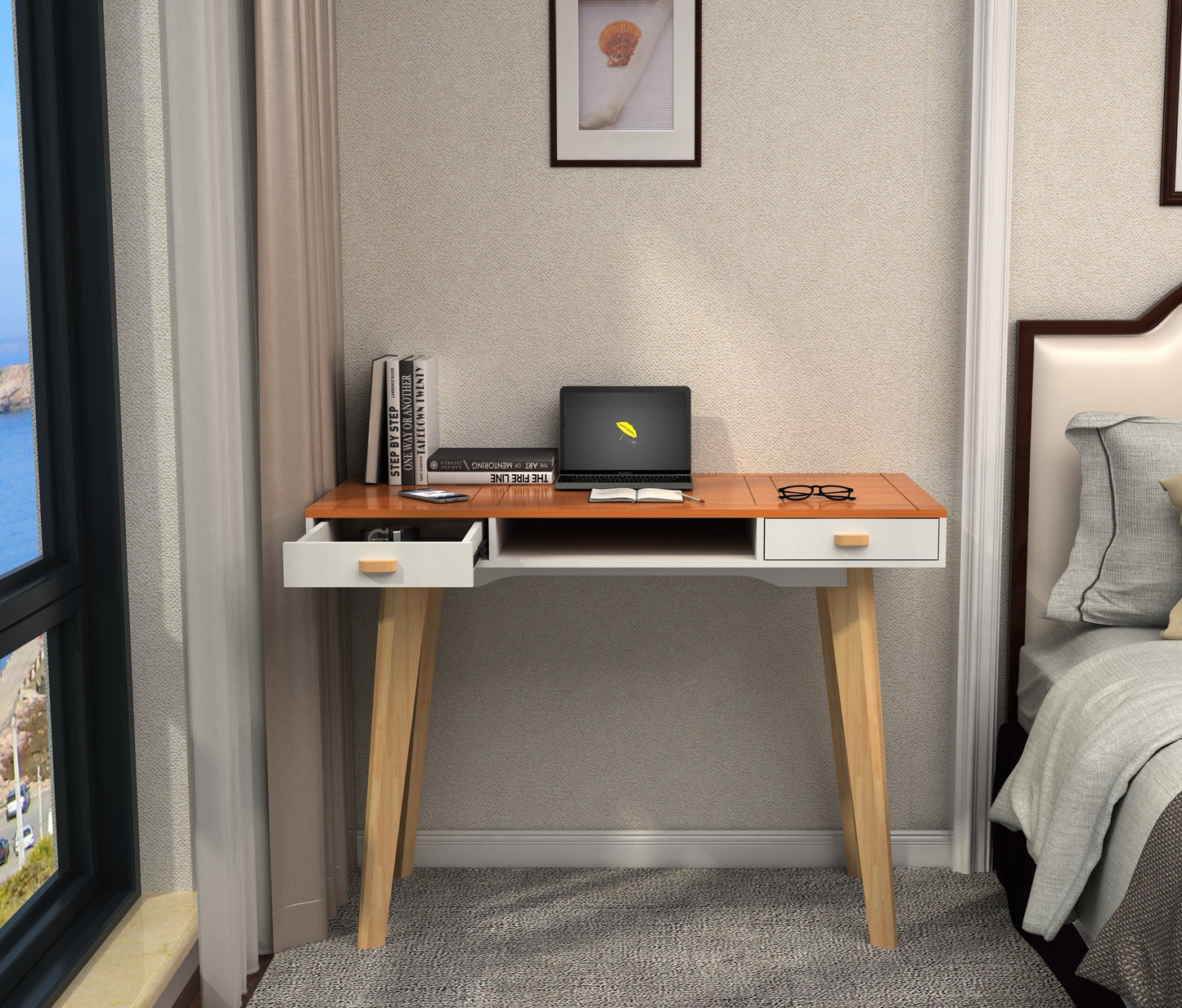 Wooden Writing Desk for Office,Solid Wood Computer Table for Home Wood+White Finish