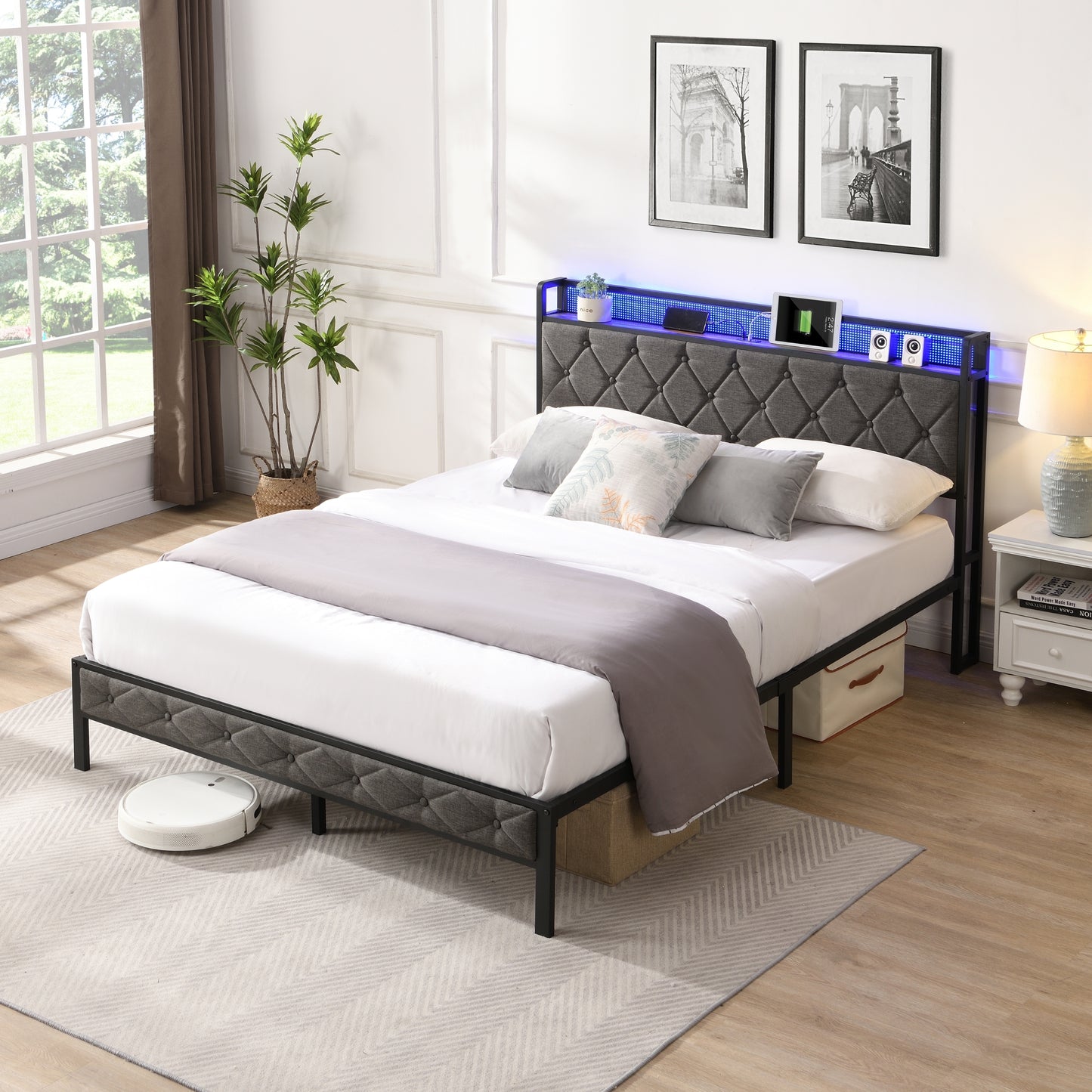 Queen Bed Frame with Storage Headboard, Charging Station and LED Lights, Dark Gray