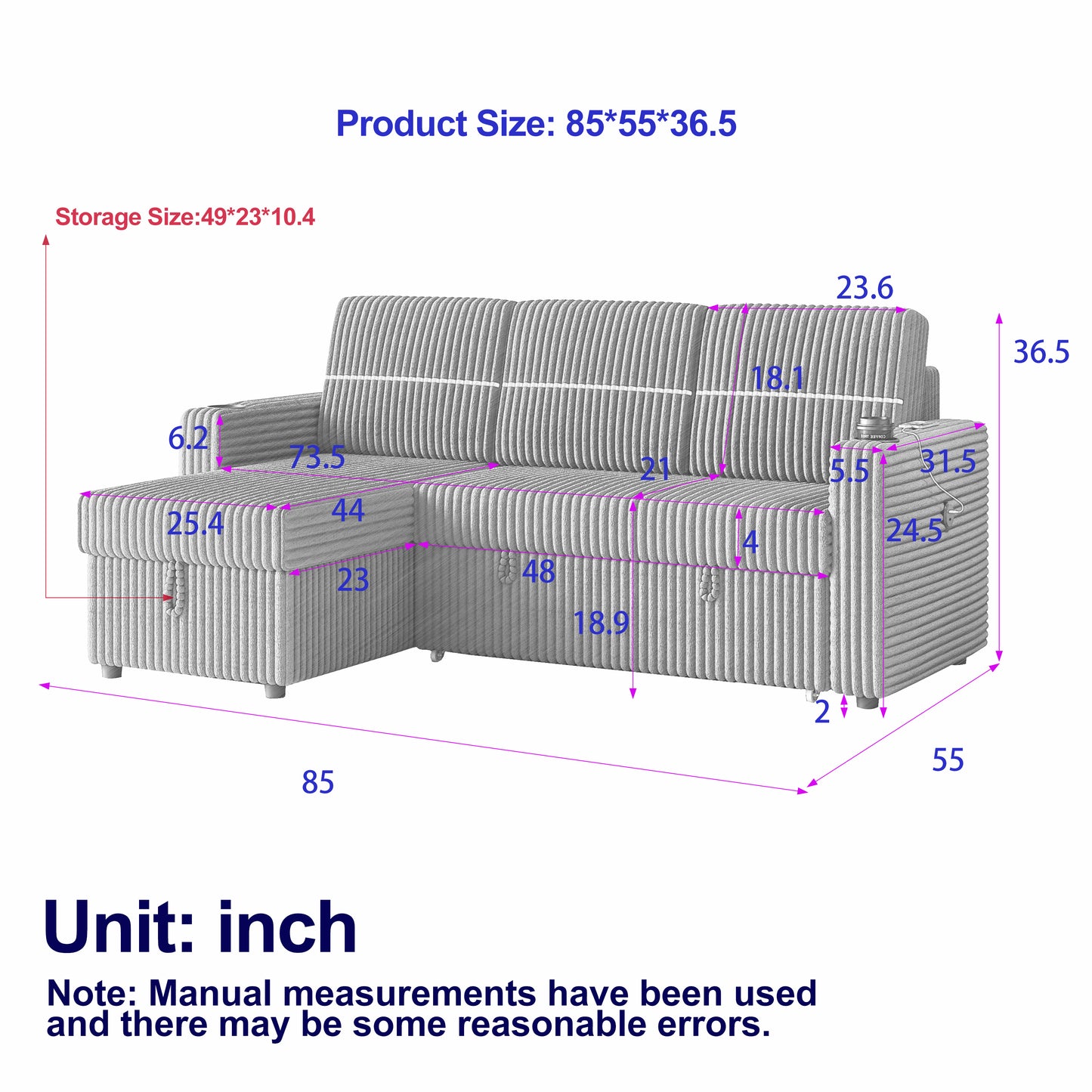 85 Inches Corduroy Sofa Bed With Two Cup-holder And USB Charge Port