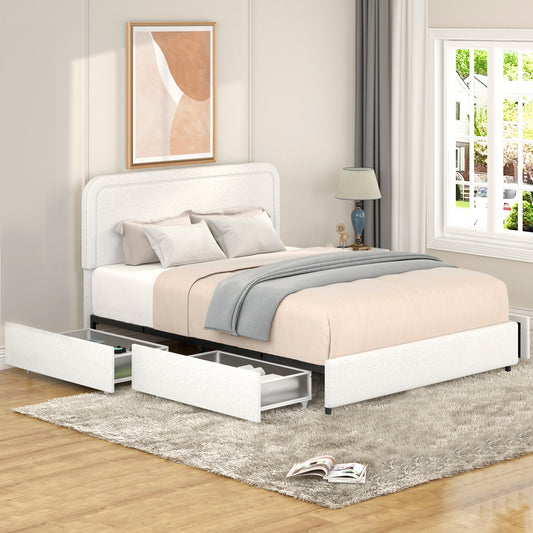 Same as B083119690 Liv Queen Size Ivory Boucle Upholstered Platform Bed with Patented 4 Drawers Storage, Curved Stitched Tufted Headboard, Wooden Slat Mattress Support, No Box Spring Needed