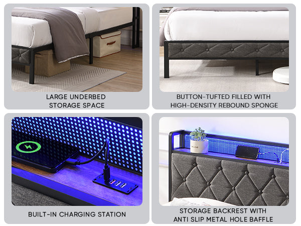 Queen Bed Frame with Storage Headboard, Charging Station and LED Lights, Dark Gray