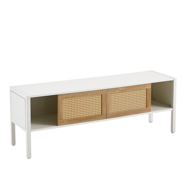 54.33" Rattan TV cabinet with variable color light strip, double sliding doors for storage