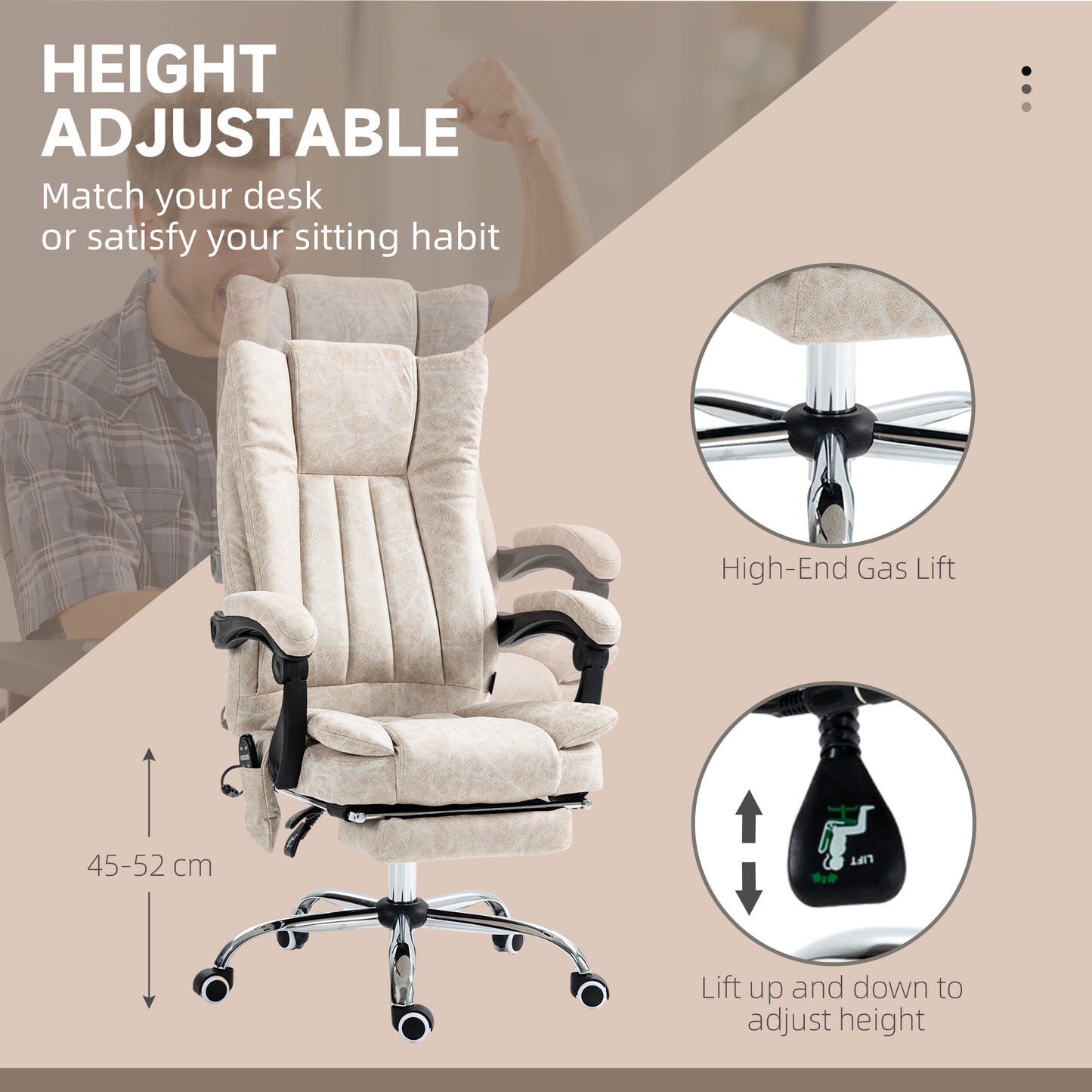 Office Chair, High Back Computer Chair with 6 Point Massage, Heat, Adjustable Height and Retractable Footrest, Cream White