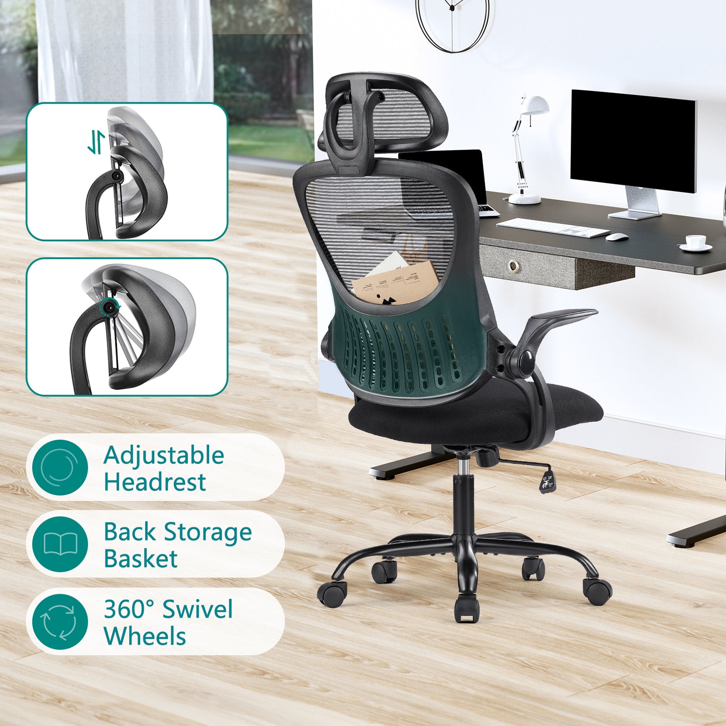 Office chair, comfortable swivel chair with high back, wheels, adjustable headrest