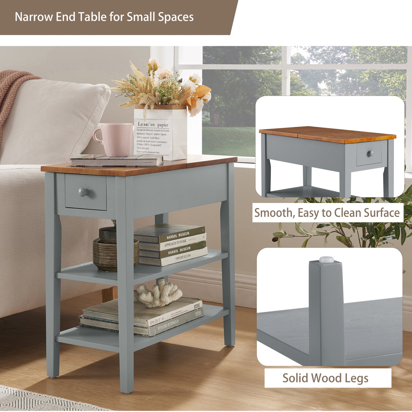 Narrow 2-tone End Table with USB Charging Ports for Small Space, 1.8"W*24"D*24.2"H