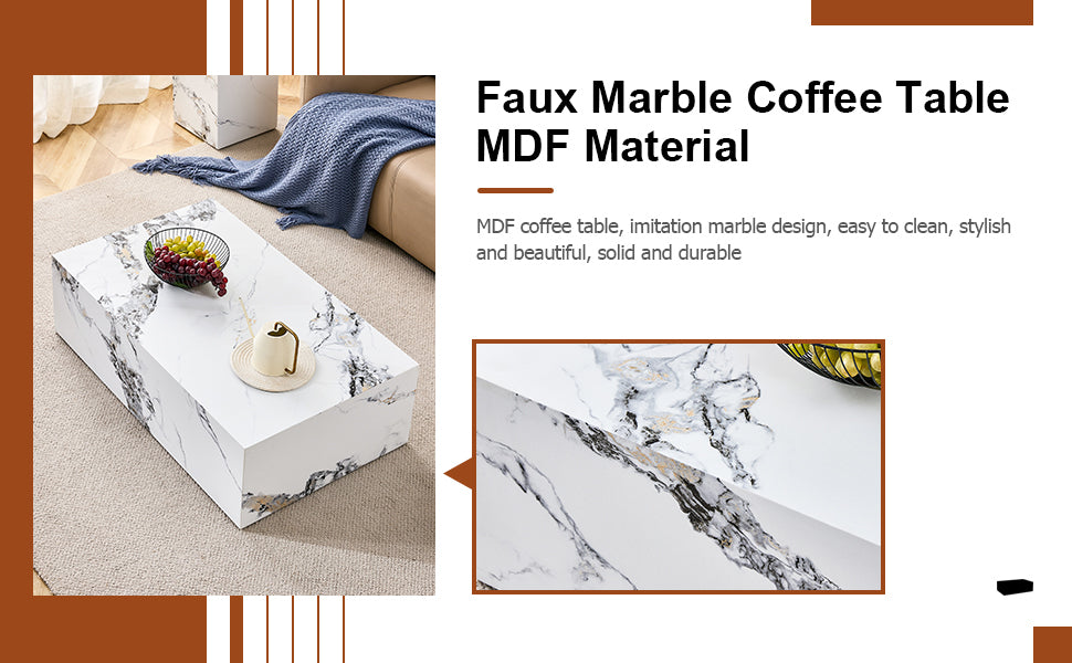 Modern MDF Coffee Table with Marble Pattern - 39.37x23.62x11.81 inches