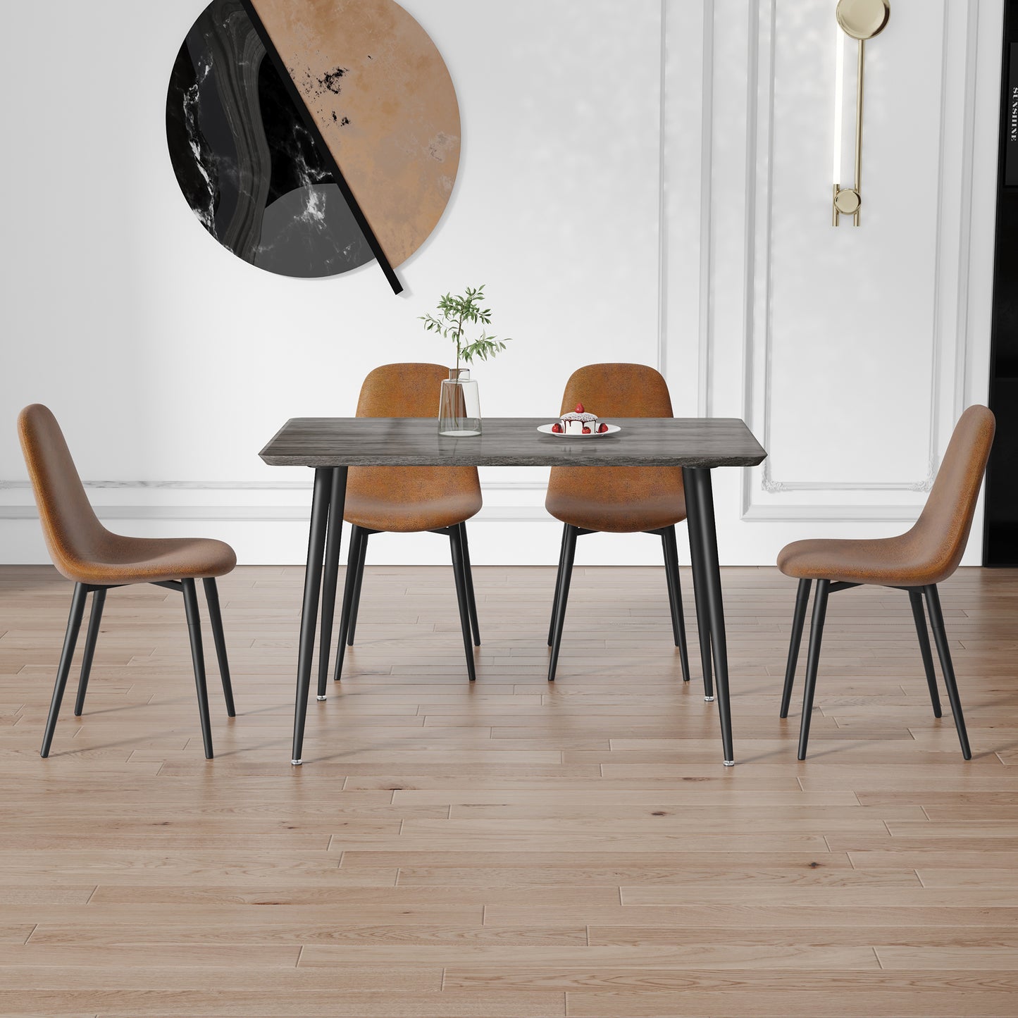 1 table and 4 chairs set.Gray wood grain table with MDF tabletop