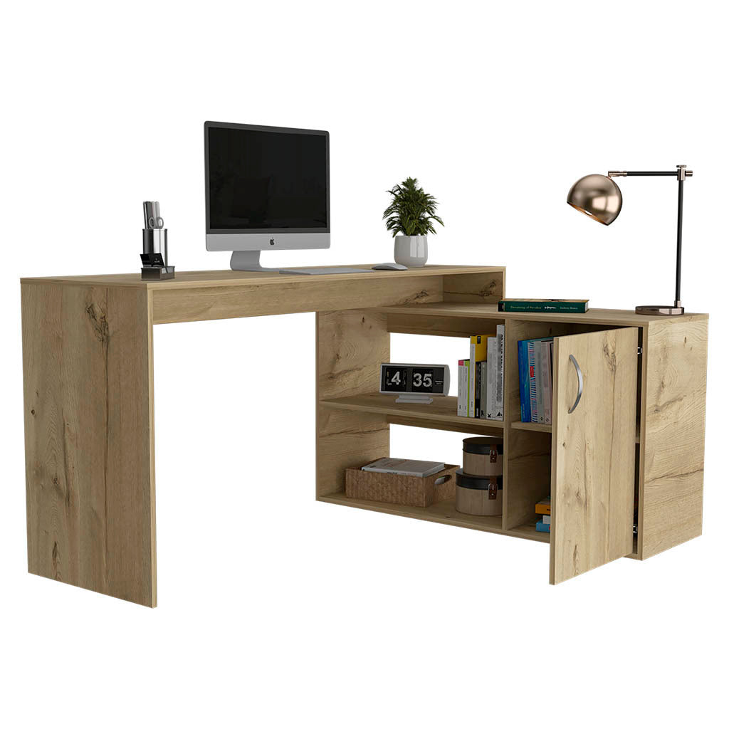 Modern L-Shaped Computer Desk with Open & Closed Storage -Light Oak