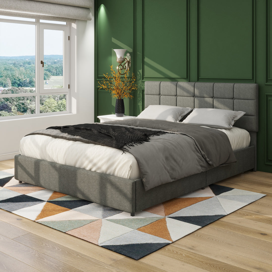 Queen Size Gray Linen Upholstered Platform Bed with Patented 4 Drawers Storage, No Box Spring Required