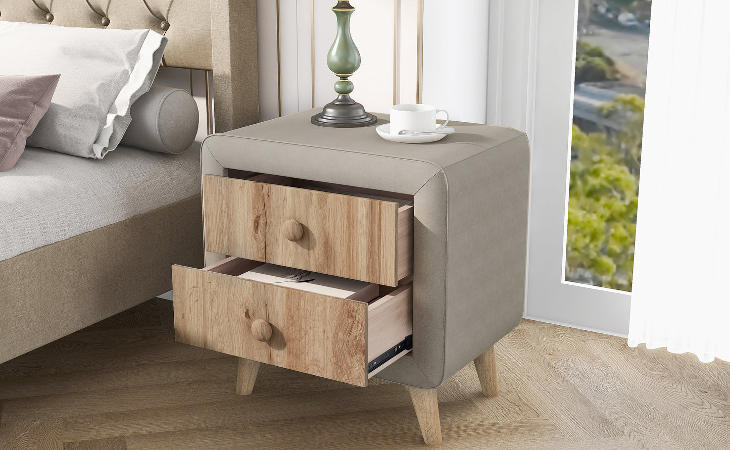 Upholstered Wooden Nightstand with 2 Drawers,Wood Leg-Beige