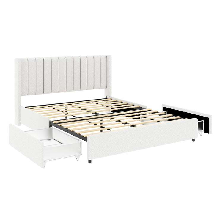 2-Drawers Storage Bed Queen Size Ivory Boucle Upholstered Platform Bed, No Box Spring Needed