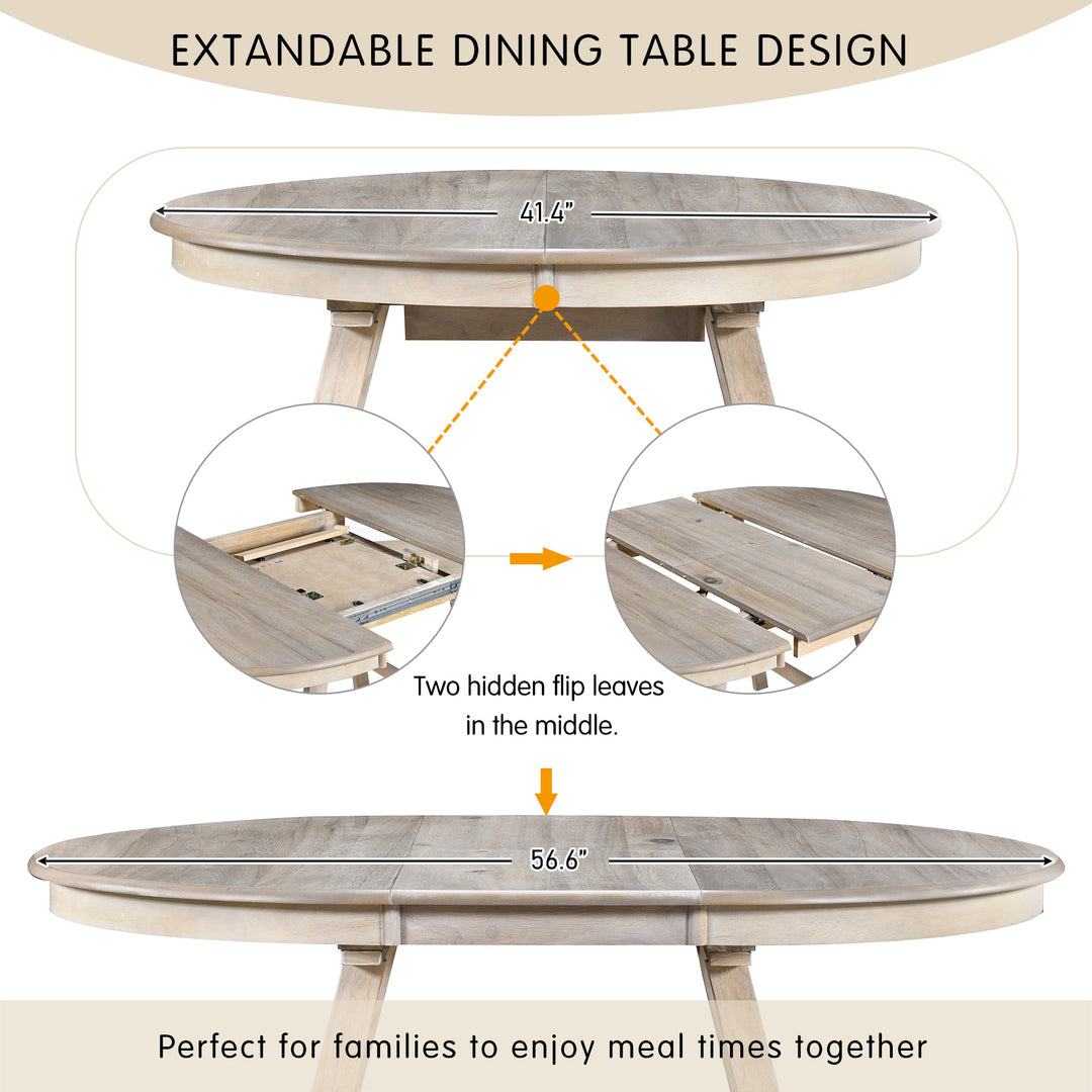 5-Piece Wood Dining Table Set Round Extendable Dining Table with 4 Dining Chairs, Dining Room Table Set for 4 person for Dining Room (Natural Wood Wash)