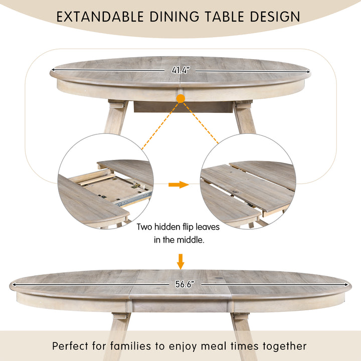 5-Piece Wood Dining Table Set Round Extendable Dining Table with 4 Dining Chairs, Dining Room Table Set for 4 person for Dining Room (Natural Wood Wash)