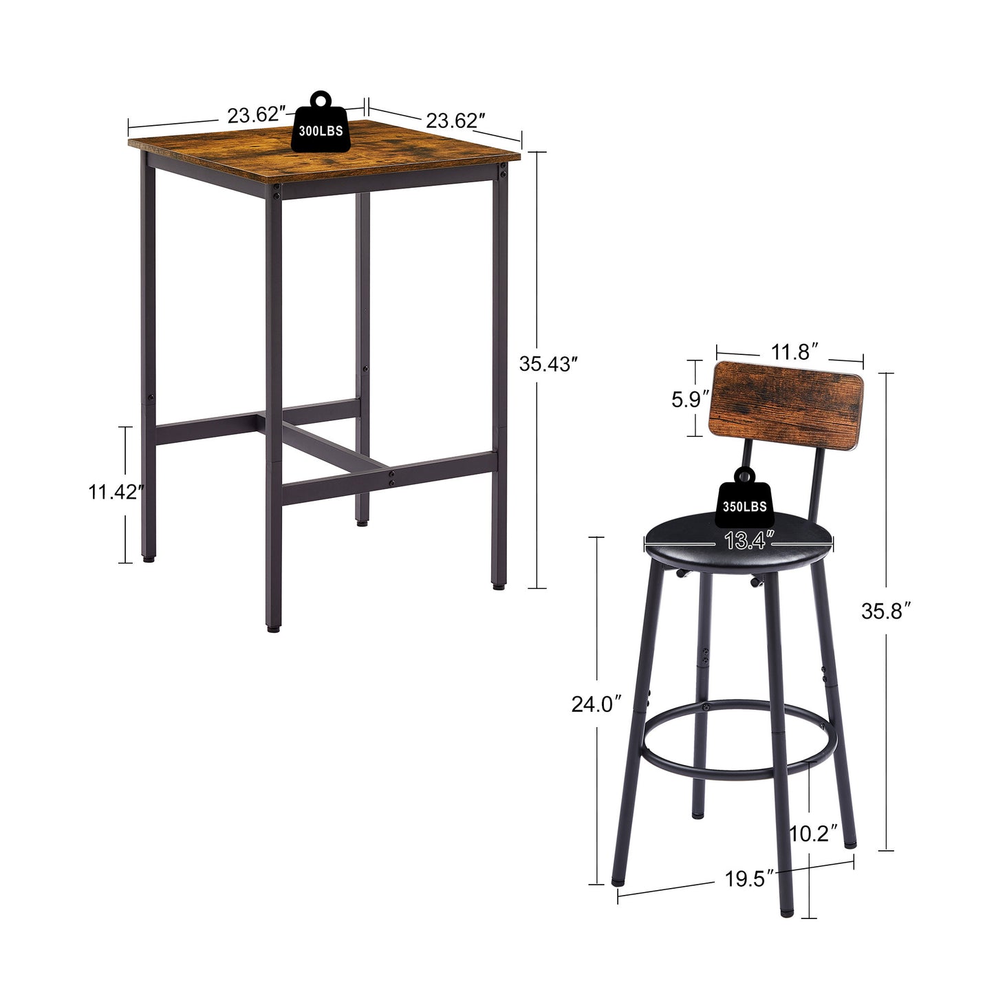 Bar Table Set with 2 Bar stools PU Soft seat with backrest, Rustic Brown