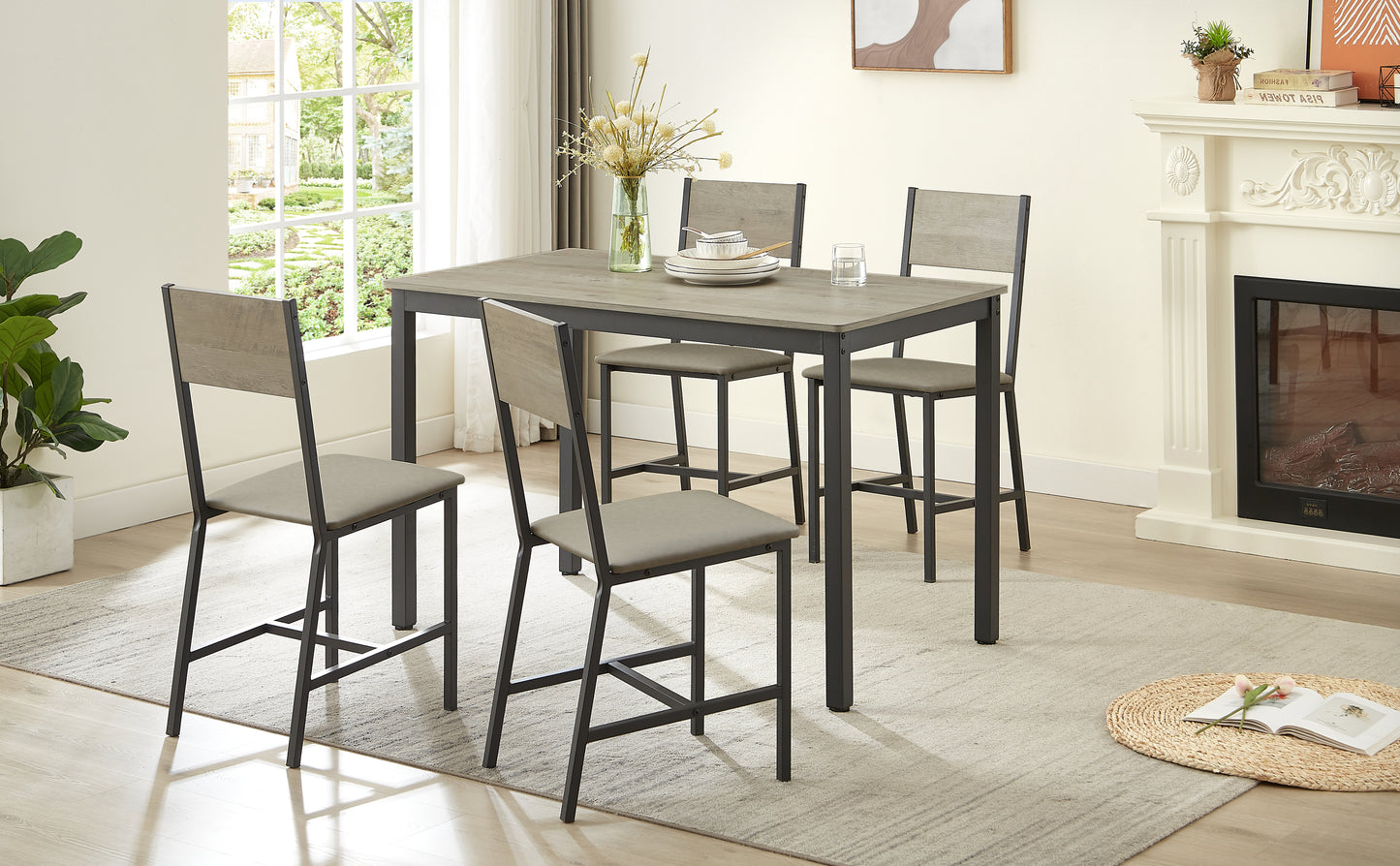 Dining Set for 5 Kitchen Table with 4 Upholstered Chairs, Grey