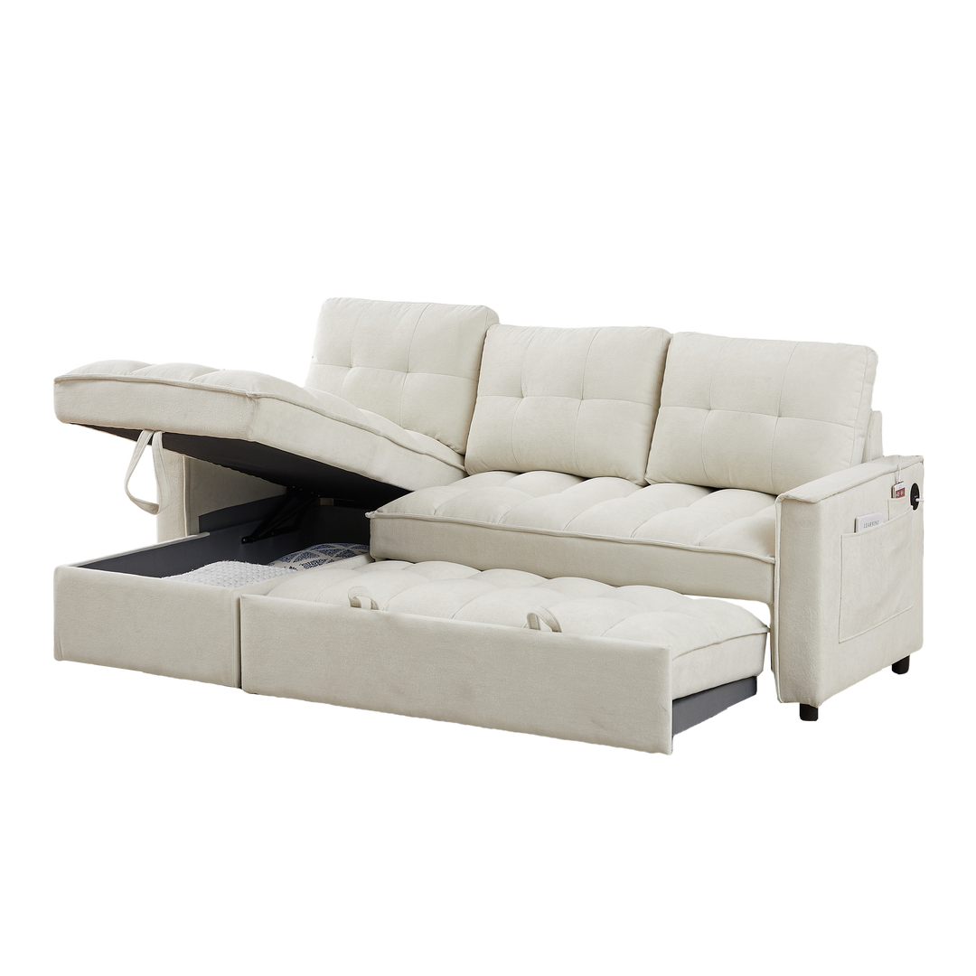 78.75" Reclining Sofa, Pull-Out Sofa Bed with USB and tape-c charging ports, L-Shaped Sectional Sofa with Reclining Storage and Arm Side Organizer Pocket Features