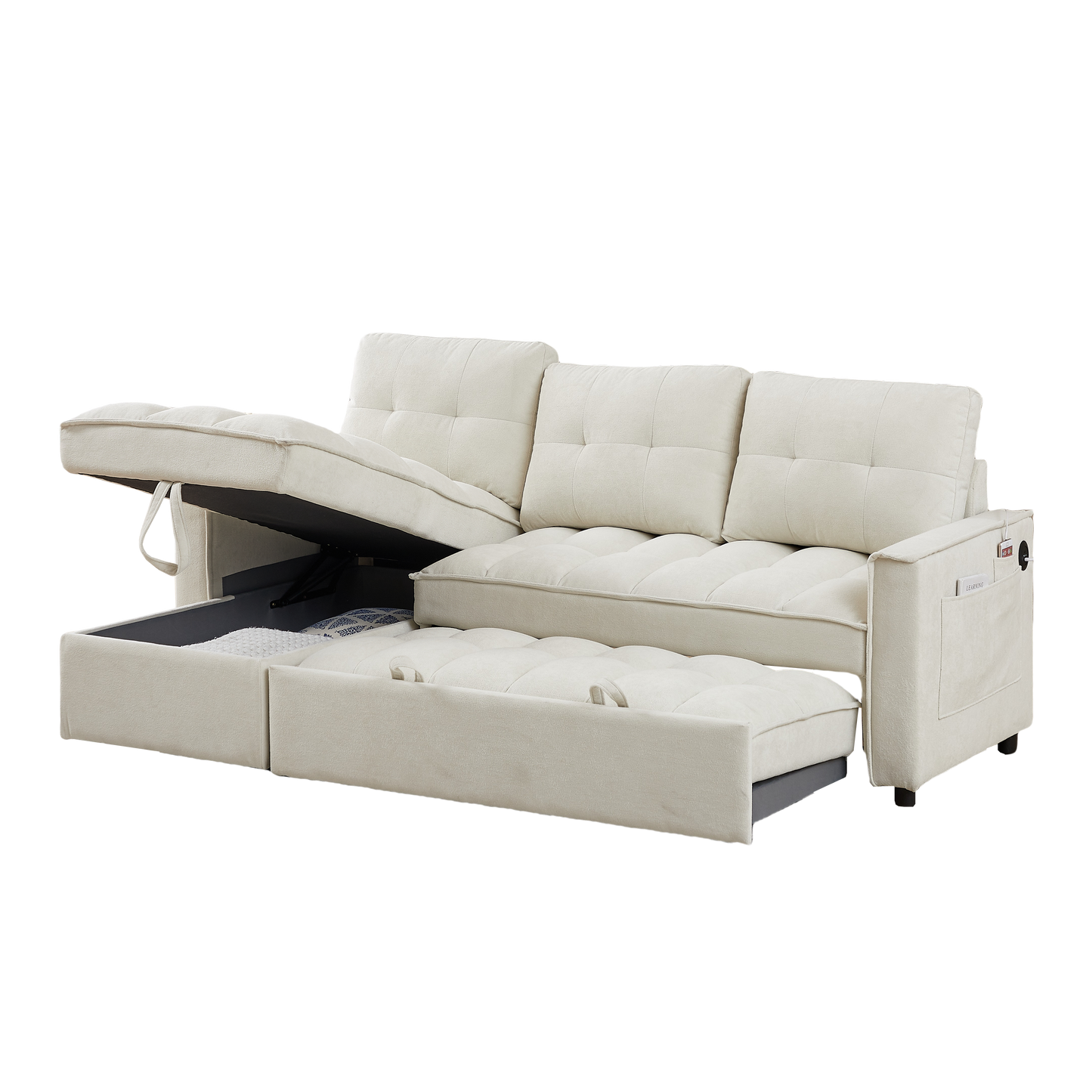 78.75" Reclining Sofa, Pull-Out Sofa Bed with USB and tape-c charging ports, L-Shaped Sectional Sofa with Reclining Storage and Arm Side Organizer Pocket Features