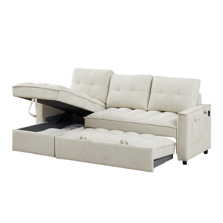 78.75" Reclining Sofa, Pull-Out Sofa Bed with USB and tape-c charging ports, L-Shaped Sectional Sofa with Reclining Storage and Arm Side Organizer Pocket Features