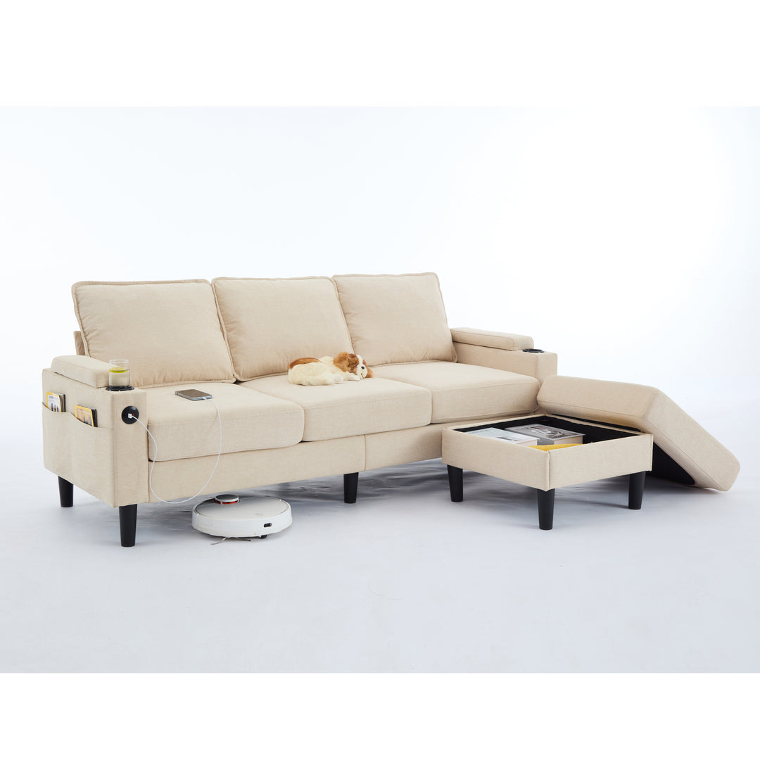 beige color knock down 3-seat combo sofa with storage ottoman
