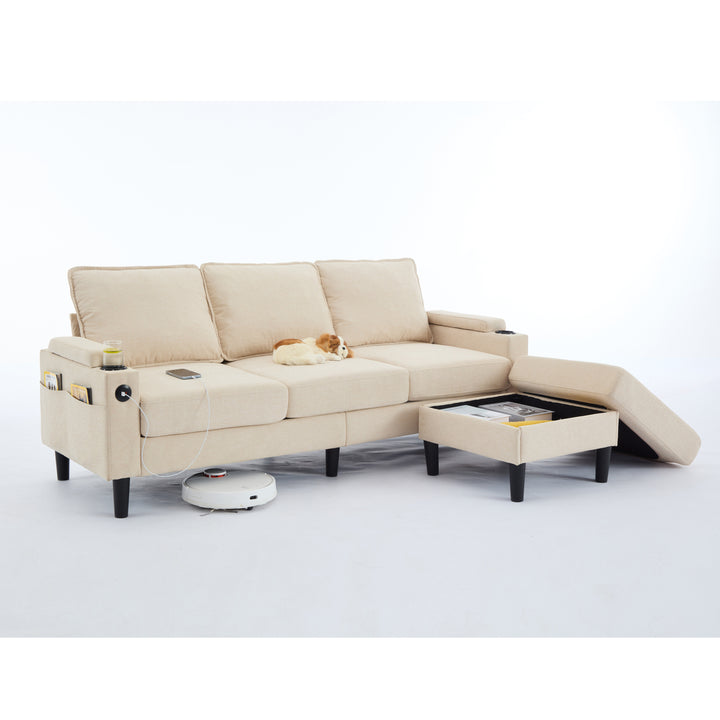 beige color knock down 3-seat combo sofa with storage ottoman