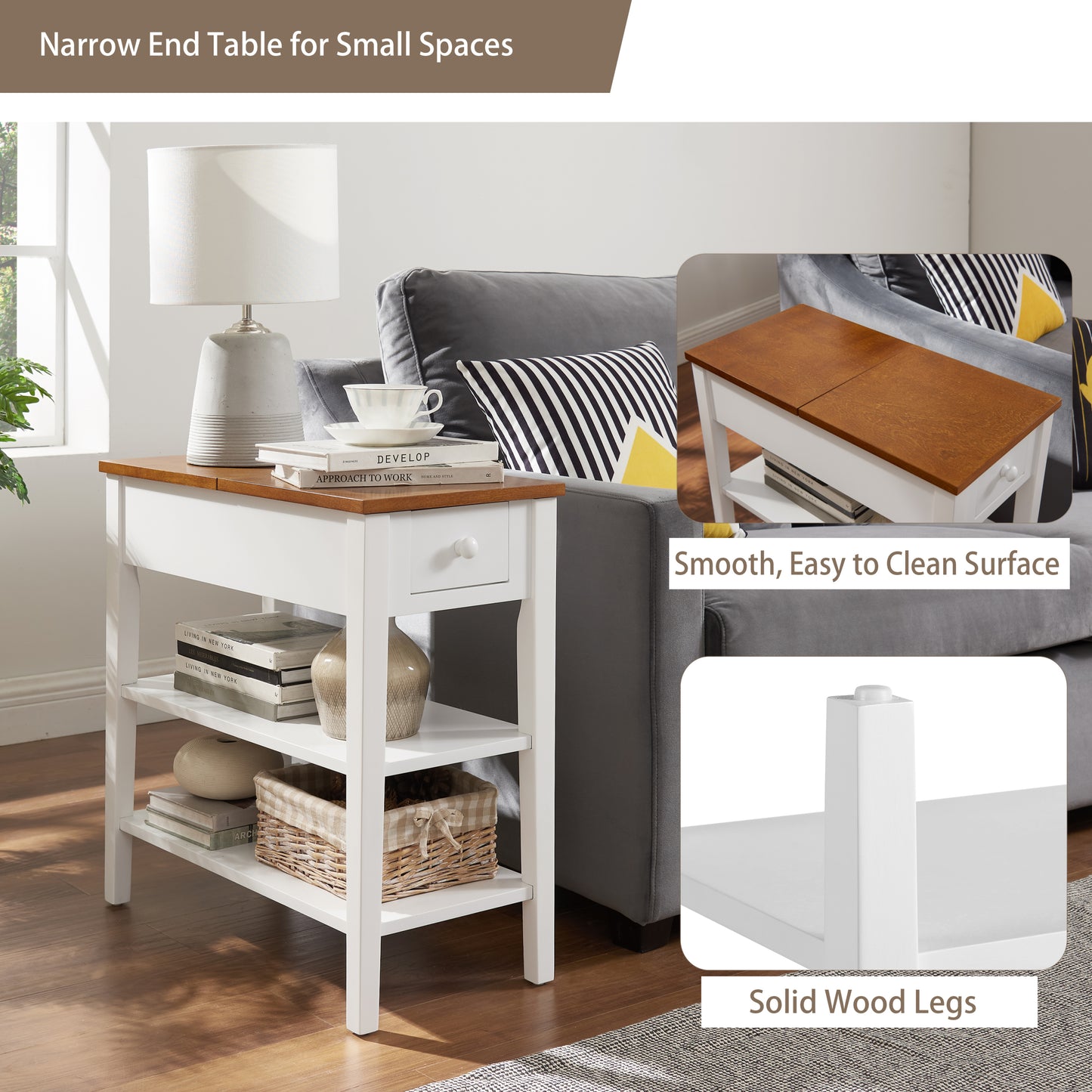 Narrow 2-tone End Table with USB Charging Ports for Small Space