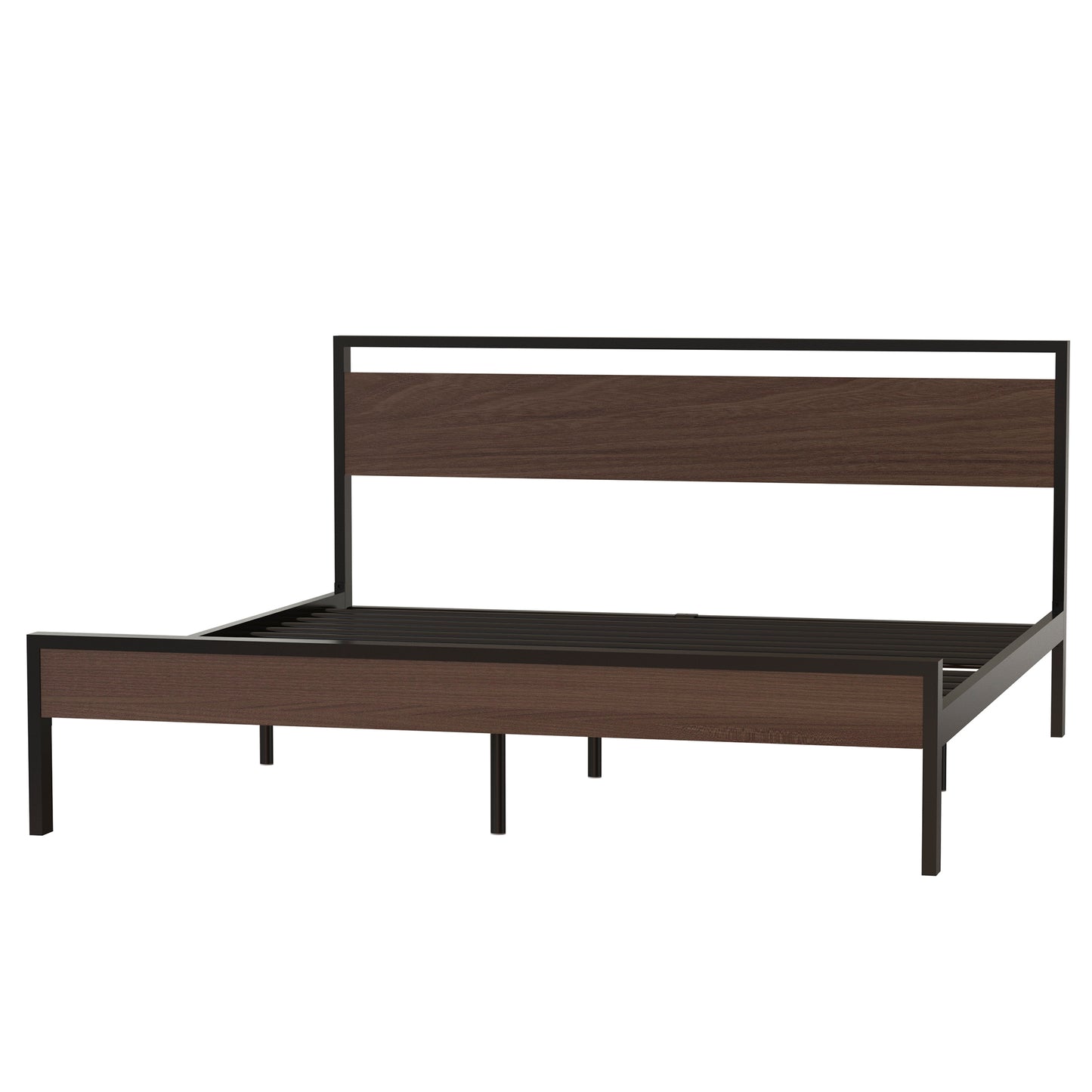 Metal Bed, Black with Walnut wood Headboard&Footboard, King