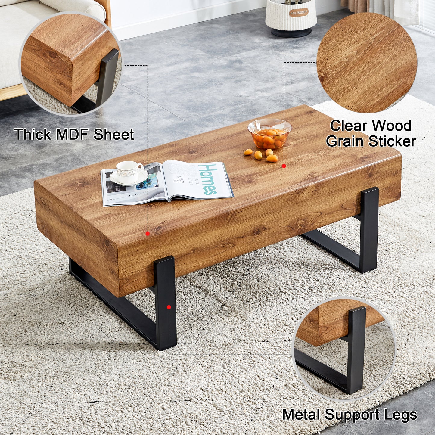 Rustic MDF Coffee Table with Metal Legs - Natural Wood Tone Elegance for Your Space