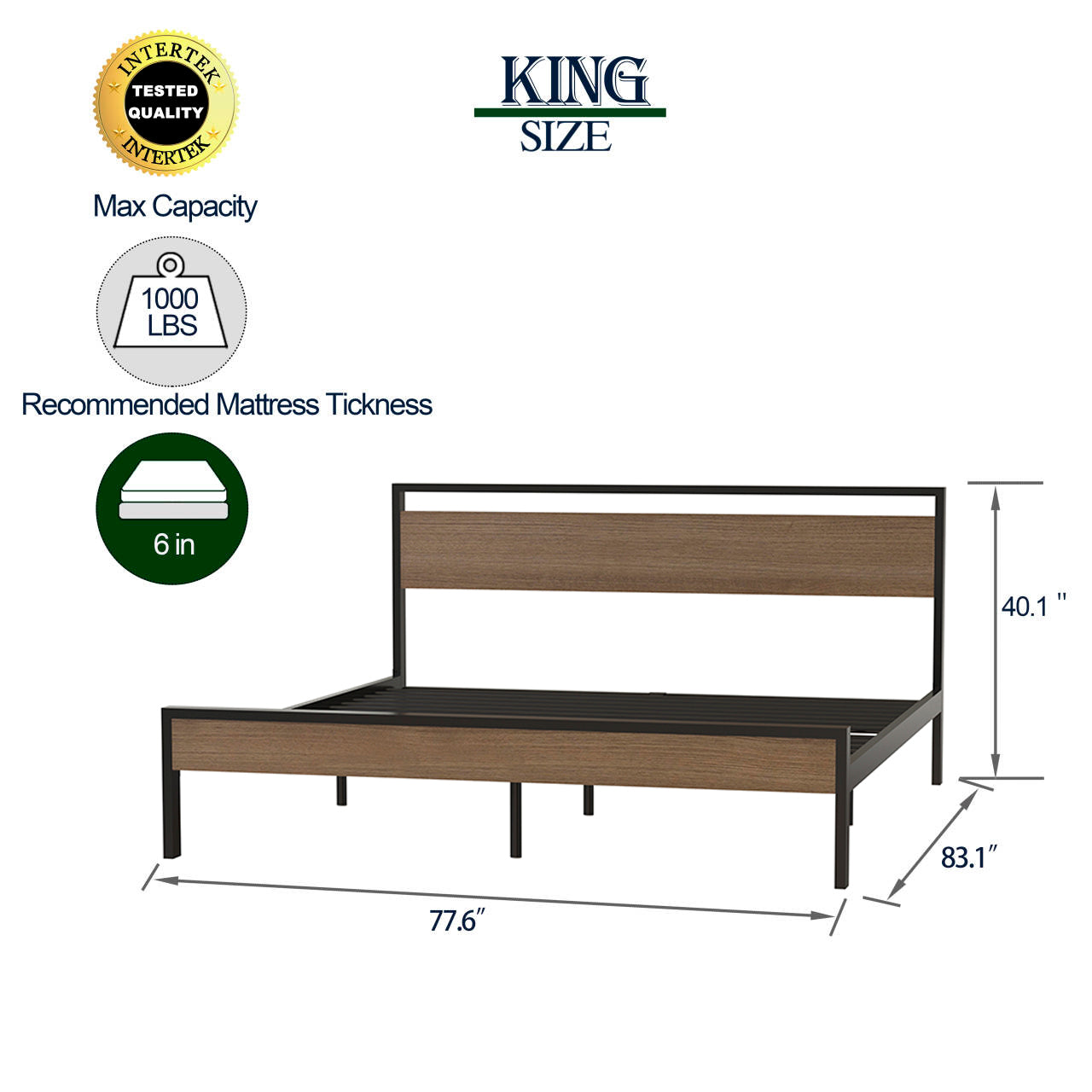 Metal Bed, Black with Cinnamon Wood Headboard&Footboard, King