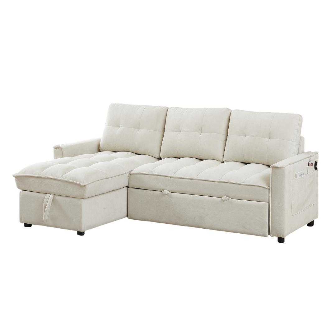 78.75" Reclining Sofa, Pull-Out Sofa Bed with USB and tape-c charging ports, L-Shaped Sectional Sofa with Reclining Storage and Arm Side Organizer Pocket Features