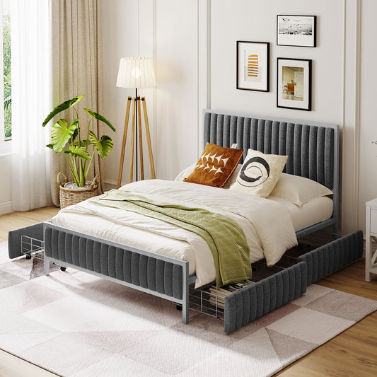 Full Size Metal Frame Upholstered Bed with 4 Drawers, Linen Fabric, Gray