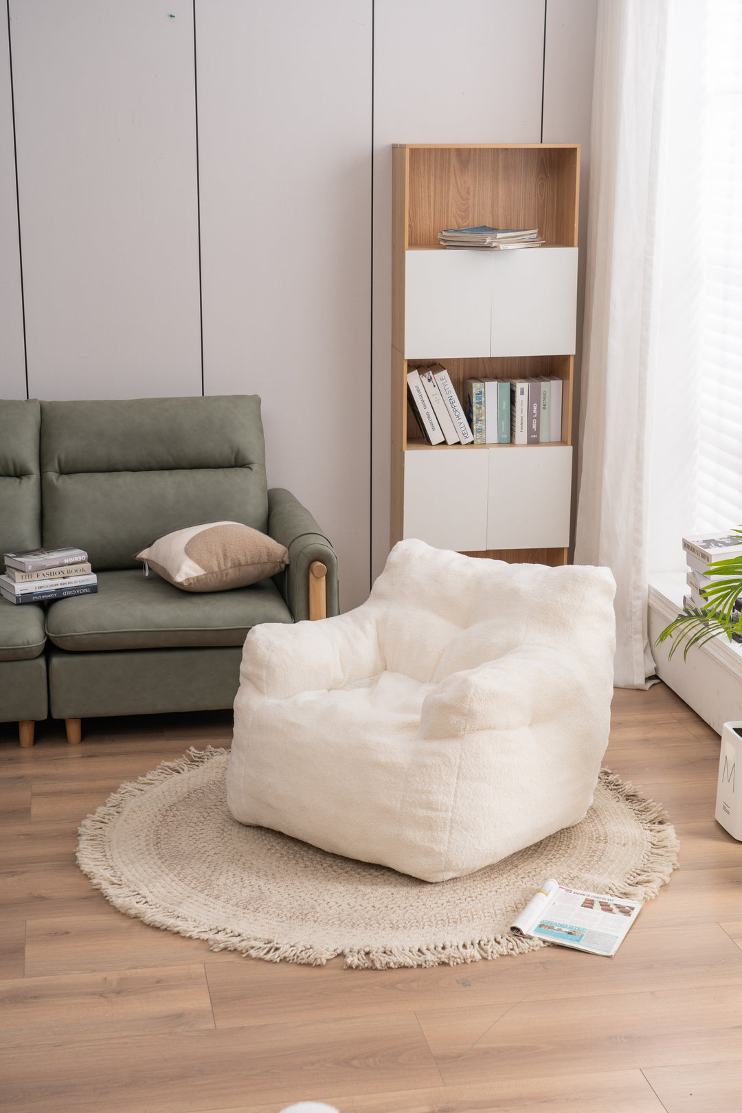 Soft Teddy Fabric Tufted Foam Bean Bag Chair With Teddy Fabric Ivory White