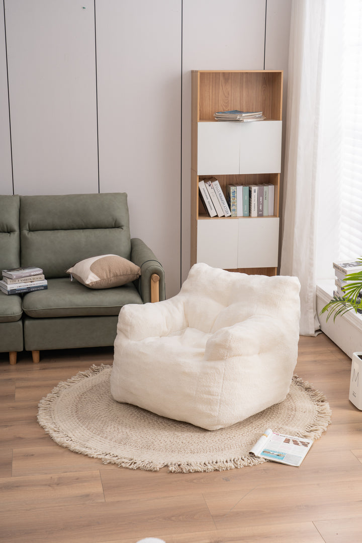 Soft Teddy Fabric Tufted Foam Bean Bag Chair With Teddy Fabric Ivory White