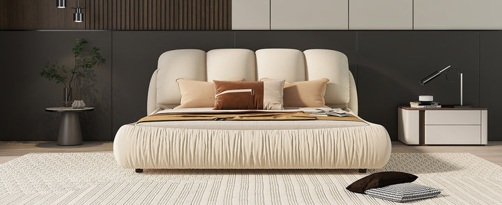 Queen Size Luxury Upholstered Bed With Thick Headboard, Velvet Queen Bed with Oversized Padded Backrest, Beige