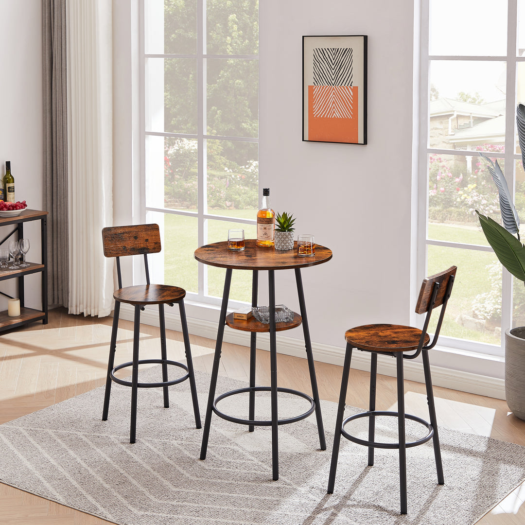 Round bar stool set with shelves, stool with backrest Rustic Brown