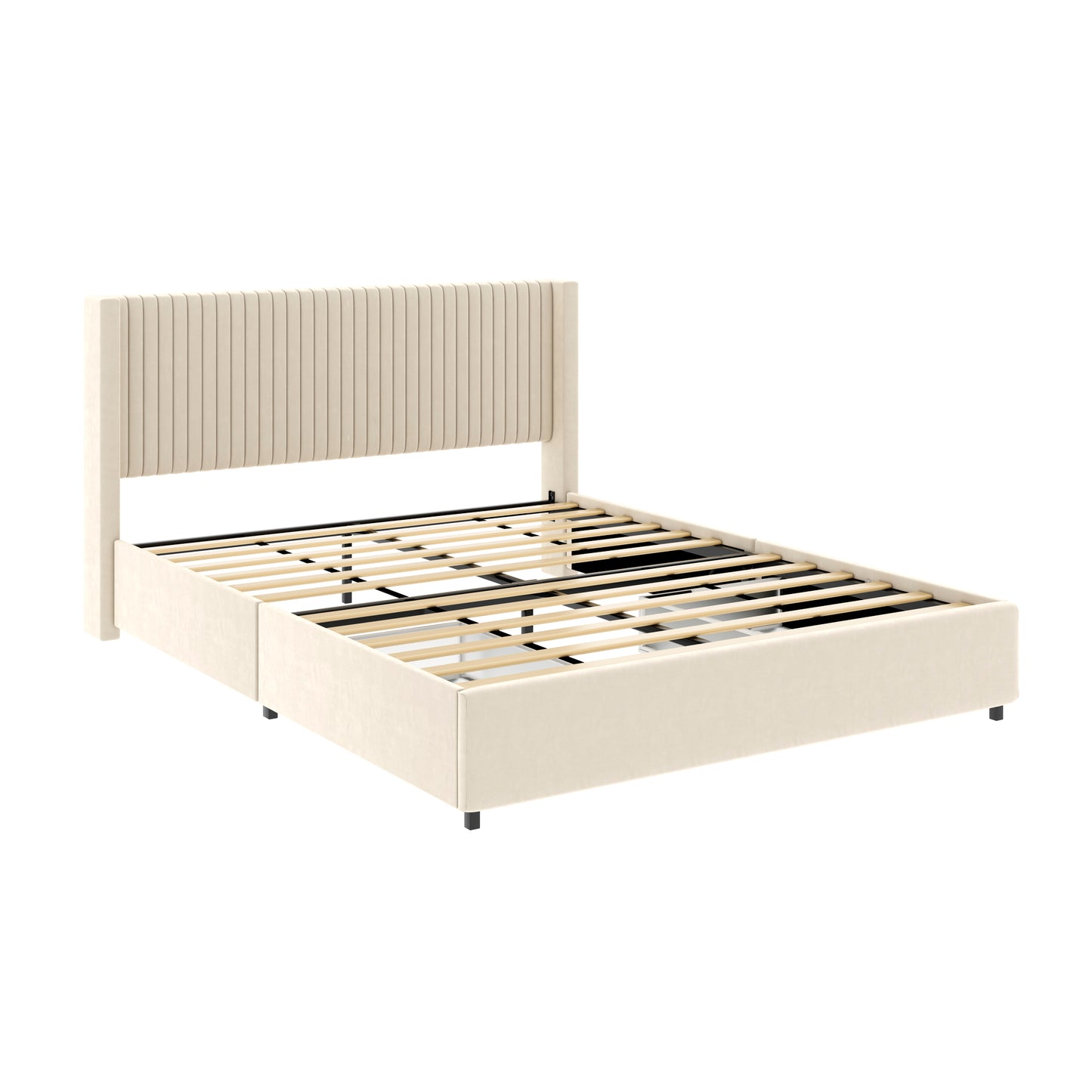 2-Drawer Storage Bed Queen Size Wooden Slat Mattress Support No Box Spring Needed