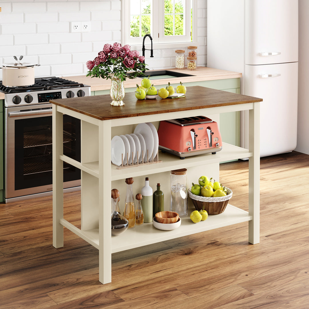 Solid Wood Rustic 3-piece 45" Stationary Kitchen Island Set with 2 Seatings, Rubber Wood