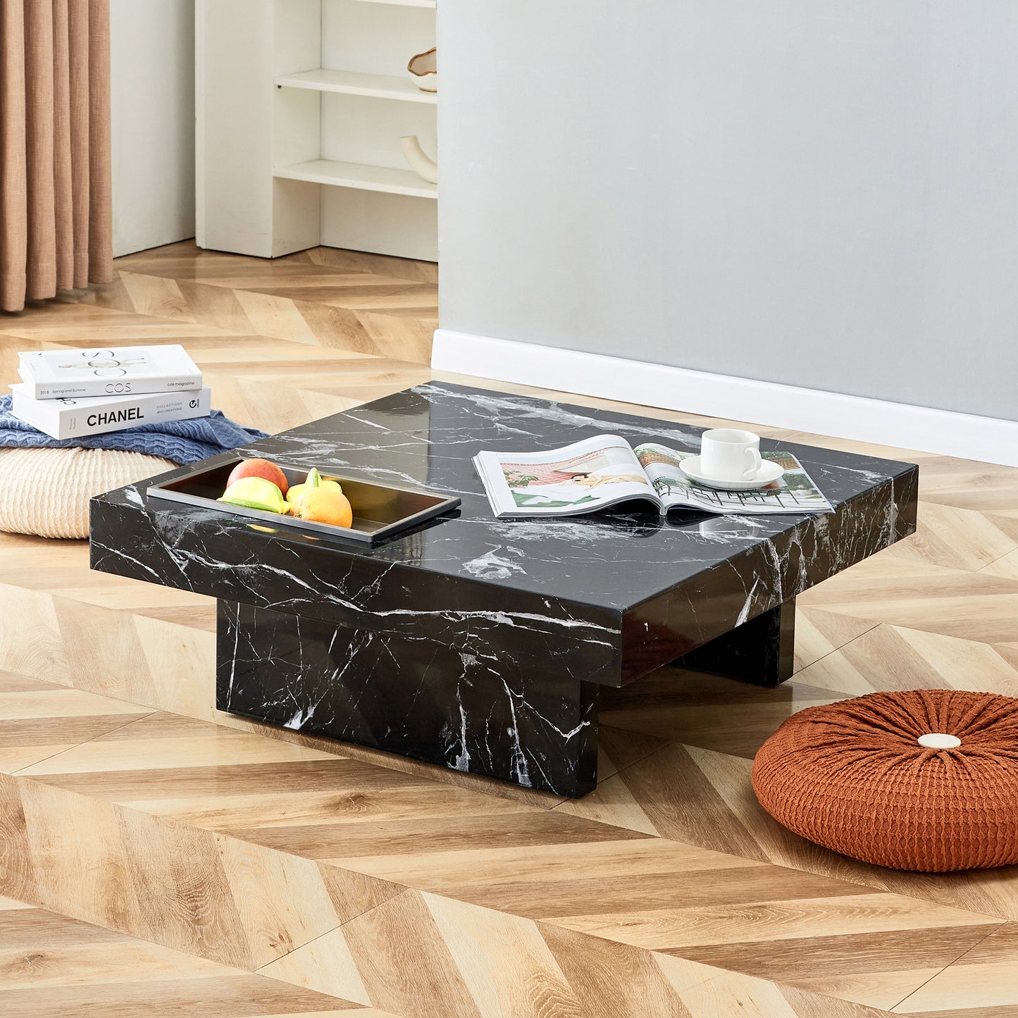 A coffee table made of MDF material with black patterns. 31.4"*31.4"*12"