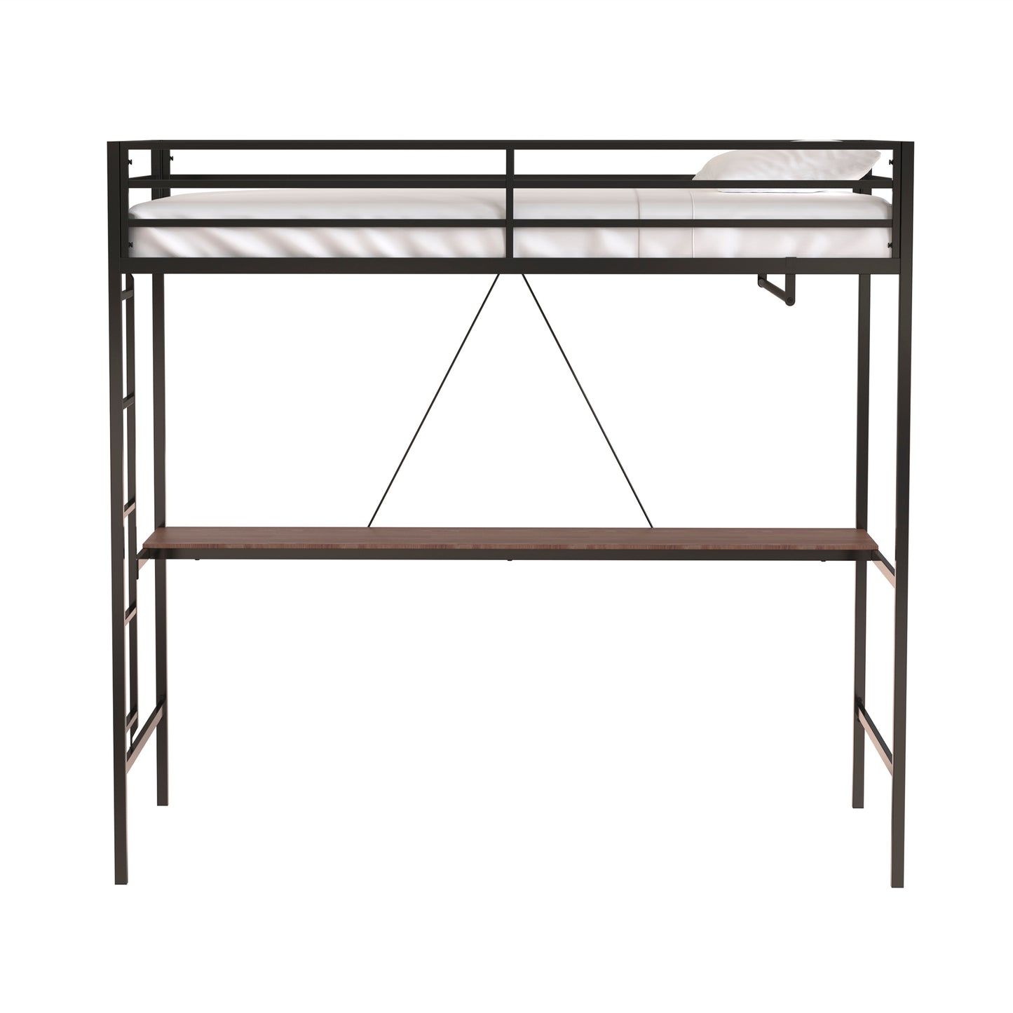 Twin Loft Bunk Black with Cinnamon Wood Desk and Closet Rod