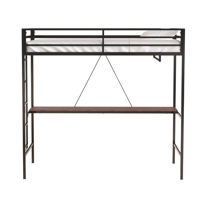 Twin Loft Bunk Black with Cinnamon Wood Desk and Closet Rod
